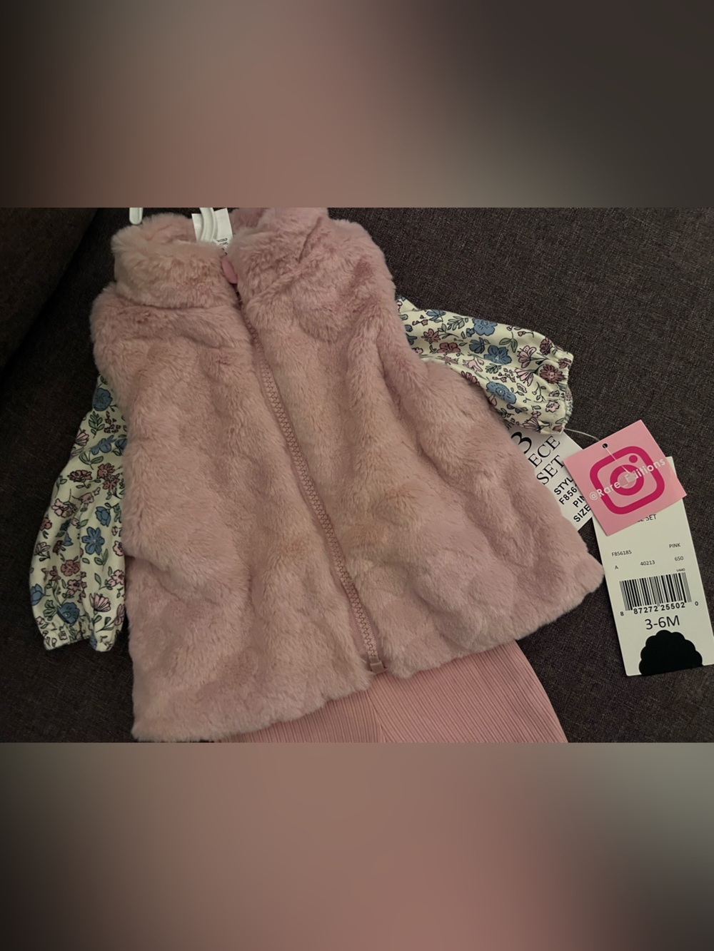 Rare Editions Pink Faux Fur Vest with Floral shirt and pink pants  Set